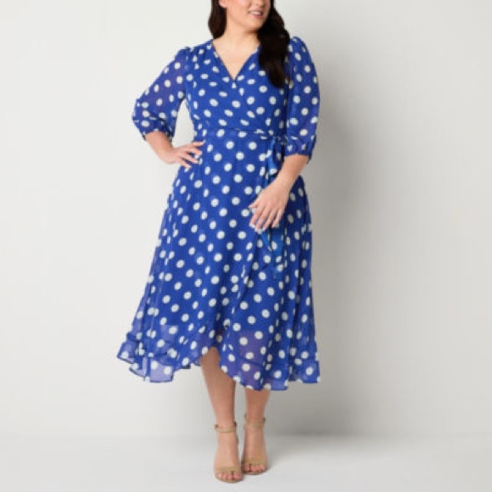 Danny & Nicole Royal Blue and White Polka Dot Wrap Midi Dress